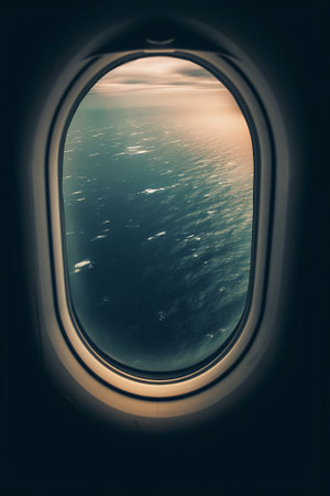 Generative AI : Passenger airplane flying view from inside window aircraft of traveling with full moon Elements of this image furnished by NASAの素材