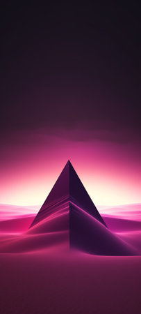 Generative AI : Modern futuristic neon abstract background Large triangle glowing purple object in the center of sand dune and lonely woman silhouette walking in the desert Dark scの素材