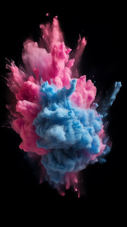 Generative AI : Pink and blue colorful smoke clouds and shiny glitter powder particles abstract backgroundの素材