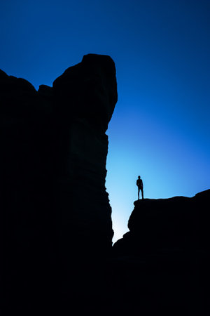 Generative AI : Low angle of silhouette of anonymous tourist standing with light torch on head on cliff against glowing starry sky at nightの素材