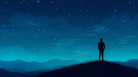 Generative AI : Silhouette of young traveler and backpacker watched the star and milky way alone on top of the mountain He enjoyed traveling and was successful when he reached theの素材