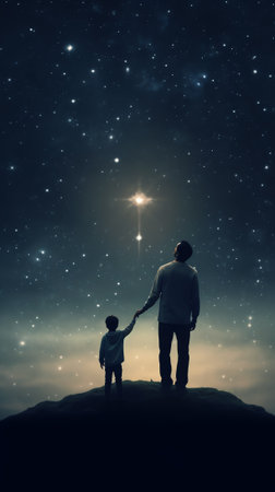 Generative AI : Milky Way with silhouette of a family Father and a son who pointing finger in night starry sky on the mountain Night landscape Beautiful Universe Space Travel backgの素材