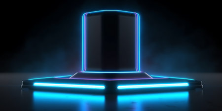 Generative AI : Modern futuristic neon abstract background Large object in the center space background Dark scene with neon light Reflection of light on a wet surfaceの素材