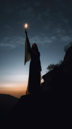 Generative AI : Low angle of silhouette of anonymous tourist standing with light torch on head on cliff against glowing starry sky at nightの素材