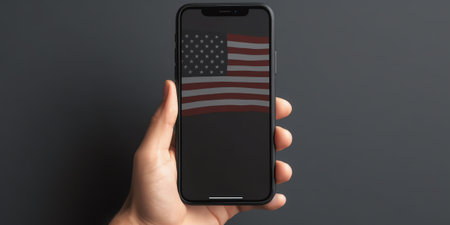 Generative AI : Isolated human right hand holding black mobile smart phone white screen mockup on black backgroundの素材