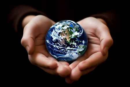 Generative AI : Group of Hands holding earth globe on blue background International human solidarity day concept world health day safe world concept with copy space Elements of thiの素材