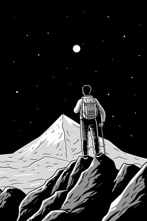 Generative AI : Man on top of a mountain observing the universeの素材