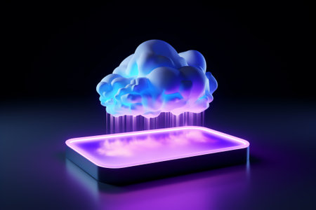 Generative AI : Modern futuristic fantasy night landscape with abstract islands and night sky with space galaxies Multicolor neon glow Reflection of light in water stars Empty scenの素材