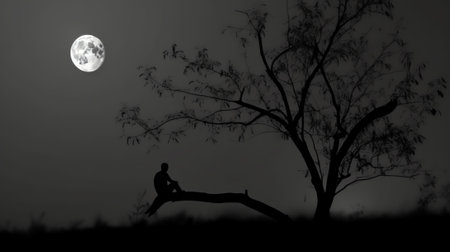 Generative AI : Man observes the moon on the trunk of a large treeの素材
