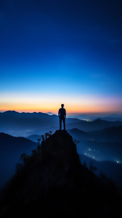 Generative AI : Silhouette of young traveler and backpacker watched the star and milky way alone on top of the mountain He enjoyed traveling and was successful when he reached theの素材
