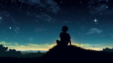 Generative AI : Silhouette of young traveler and backpacker watched the star and milky way alone on top of the mountain He enjoyed traveling and was successful when he reached theの素材