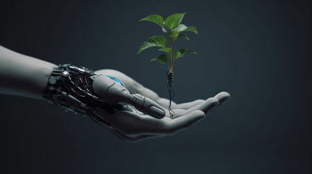 Generative AI : Robot hand holding Tree on Earth with technological convergence blue backgroundGreen computing csr IT ethics Nature technology interaction and Environmental friendlの素材