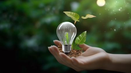Generative AI : Saving energy concept Earth day Hand holding earth in light bulb against nature on green leaf with butterfly on green park Save the earth and Ecological Element ofの素材