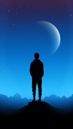 Generative AI : Silhouette of young traveler and backpacker watched the star and milky way alone on top of the mountain He enjoyed traveling and was successful when he reached theの素材