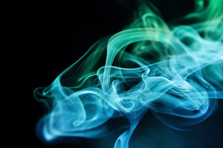 Generative AI : Greenblue smoke in neon light on black backgroundの素材