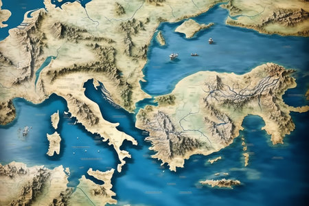 Generative AI : Western Coastline of Greece high resolution aerial photo of the Aegean Sea blue sea and mountainous coastline taken from space Elements of this image furnished by Nの素材