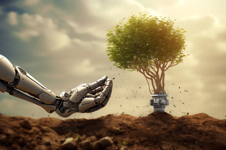 Generative AI : Robot hand holding Tree on Earth with technological convergence blue backgroundGreen computing csr IT ethics Nature technology interaction and Environmental friendlの素材