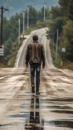 Generative AI : Lonely man walking down a long roadの素材