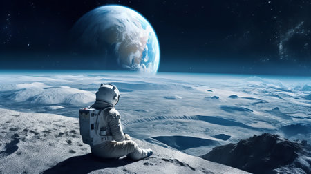 Generative AI : Astronaut sits on his knee on the lunar surface and pours blue earths soil through his fingers Planet Earth rise at the horizon Elements of this image furnished byの素材