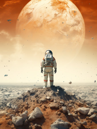 Generative AI : Astronaut walking on an unexplored planet Mixed mediaの素材
