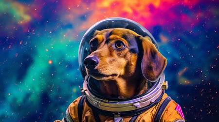 Generative AI : Portrait of a dog astronaut in space on background of the globe Elements of this image furnished by NASAの素材