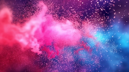 Generative AI : Pink and blue colorful smoke clouds and shiny glitter powder particles abstract backgroundの素材