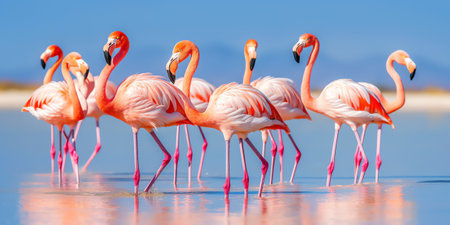 Generative AI : Flying flock of nice Greater Flamingos with clear blue sky with full moon Elements of this image furnished by NASAの素材