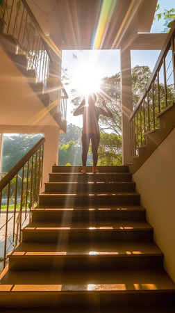 Generative AI : Woman in yoga pose at top of stairの素材