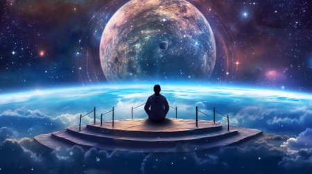 Generative AI : Splendid scenic night of vibrant color starry galaxy universe in bizarre sky horizon with a person on the ground A man with background of space and cosmical light iの素材