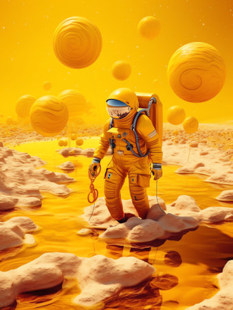 Generative AI : Digital collage with male hand holding yellow cup with a astronaut inside Elements of this image furnished by NASAの素材