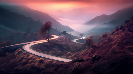 Generative AI : landscape view point asphalt curved road on Doi Inthanon National park mountains at dawn with milky way backgroundの素材