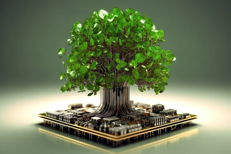 Generative AI : Tree growing on half of earth with green grass and butterfly Digital and Technology Convergence Green Computing Green Technology Green IT csr and IT ethics Conceptの素材