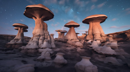 Generative AI : Spectacular scenery of rough rocky formations with uneven surface and wavy lines under starry sky in Toadstool Hoodoosの素材