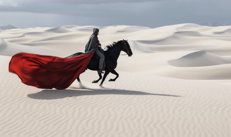 Generative AI : A woman in a red turban riding a camel across the thin sand dunes of the in Western Sahara Desert with full moon Morocco Africa Elements of this Image Furnished byの素材