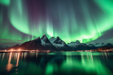 Generative AI : Aurora borealis over the sea snowy mountains and city lights at night Northern lights in Lofoten islands Norway Starry sky with polar lights Winter landscape with aの素材