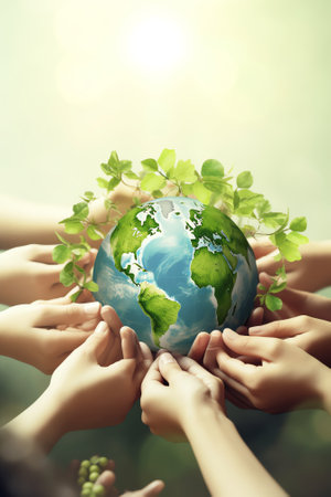 Generative AI : Sustainable global business investment in environment social governance ESG and CSR concept in clean industry with volunteer hands holding world green tree Elementの素材