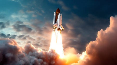 Generative AI : Spaceship lift off Space shuttle with smoke and blast takes off into space on a background of sunset Successful start of a space mission Elements of this image furnの素材