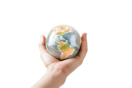 Generative AI : Human hands holding earth glass ball in heart shape on White background free Clipping path for World Health Day content and copy spaceElements of this image furnishの素材