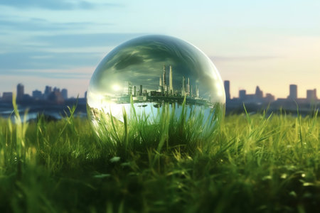 Generative AI : Looking for a Better Environmental World concept Round shape eyeglasses with Earth reflextion on green grass in blurred nature panoramic background Elements of thisの素材