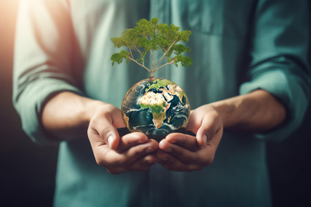 Generative AI : Sustainable global business investment in environment social governance ESG and CSR concept in clean industry with volunteer hands holding world green tree Elementの素材