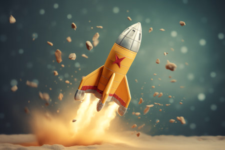 Generative AI : Business Startup Concept Launch of Space Shuttle Atlantis Rocket or spaceship take off and flying to sky with reflection on water Elements of this image furnished bの素材