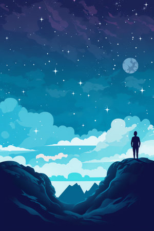 Generative AI : Milky Way landscape Silhouette of Happy man standing on top of mountain with night sky and bright star on backgroundの素材