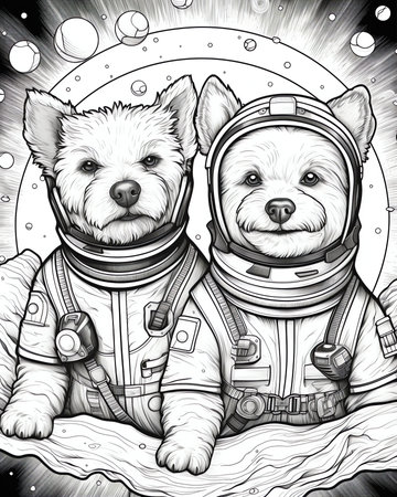 Generative AI : Cute dogs in the space suit drawing on blackboard First trip to space conceptの素材