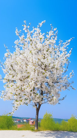 Generative AI : Blooming almond tree bunch in full bloom against blue sky in the spring Beautiful flower background for banner with copy spaceの素材