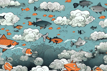 Generative AI : Night scene with fish swimming on cloudsの素材