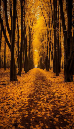 Generative AI : Golden autumn The edge of an oak forest On the right there is a dirt road and dry yellow grass grows Yellow fallen leaves lie on the groundの素材