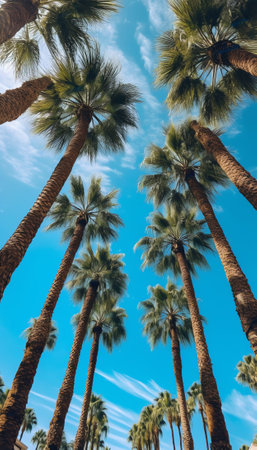 Generative AI : palm trees seen from below on blue sky background with copy spaceの素材