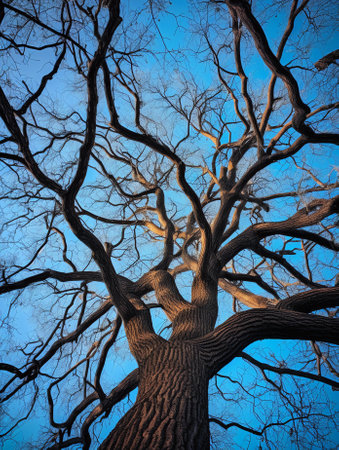 Generative AI : Tree blue sky tree top against blue sky on a sunny dayの素材
