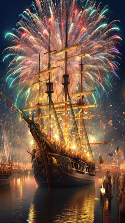 Generative AI : colorful fireworks and light show on the boshporusの素材