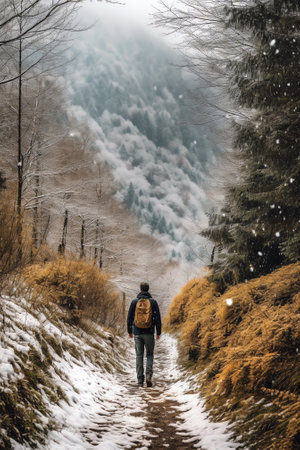 Generative AI : Wearing a smart watch and brown gloves in the Sabaduri forest with thick snow and fog in Tbilisi Georgiaの素材